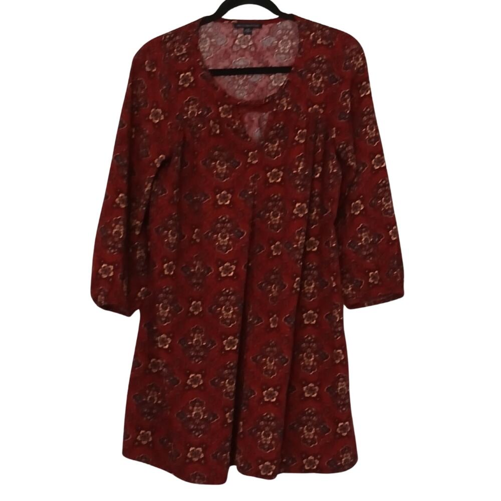 American Eagle Dress Large Maroon Floral Flare A Line Key Hole Soft 3/4 Sleeve